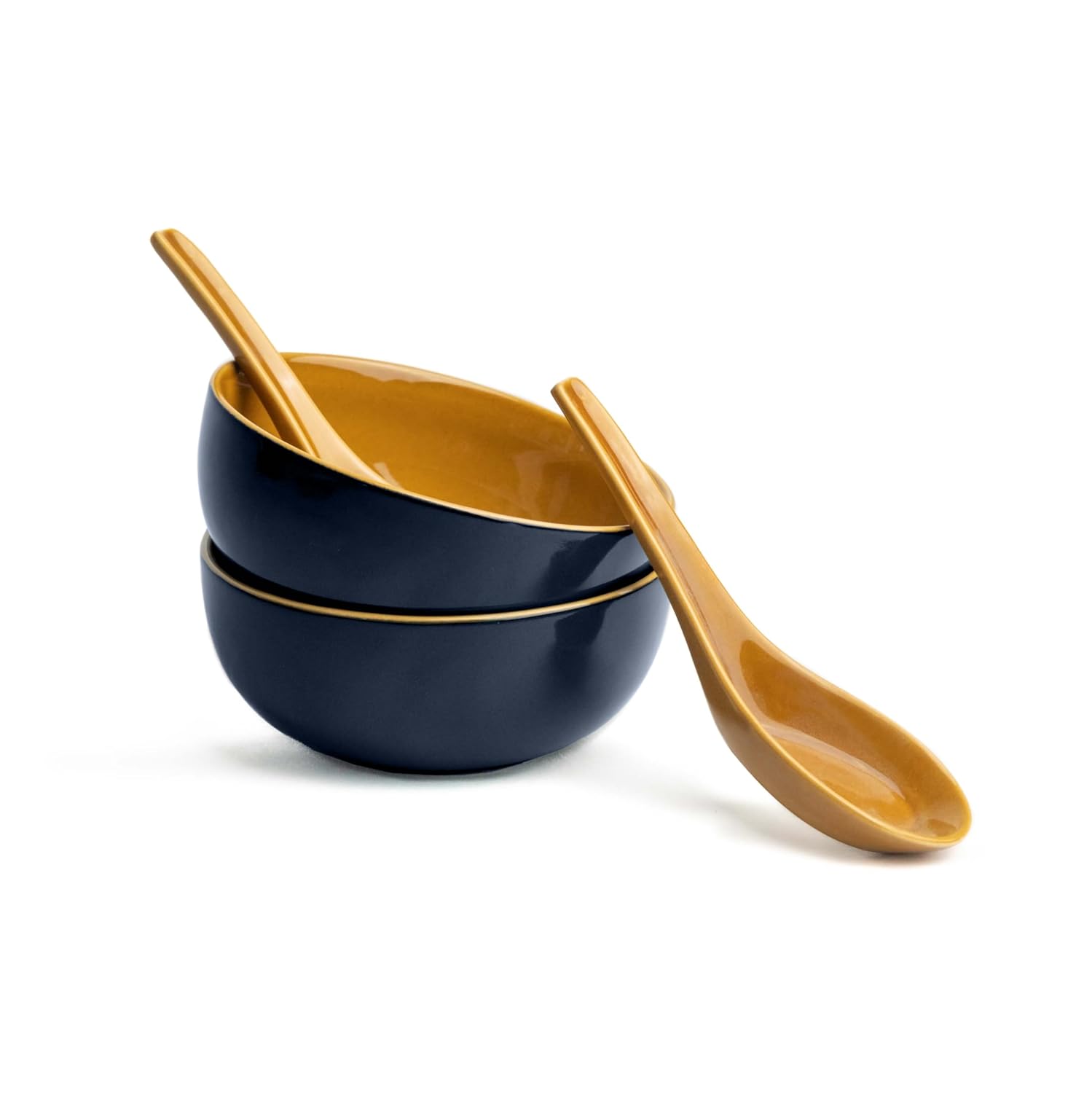 Ceramic Soup Bowl Set With Spoons - 300ml Each, Midnight Blue | 6 Pieces Soup Bowls + 6 Spoons | Glossy Finish - Premium Stoneware Ceramic Soup Bowls With Spoons | Soup Bowl Set Of 6