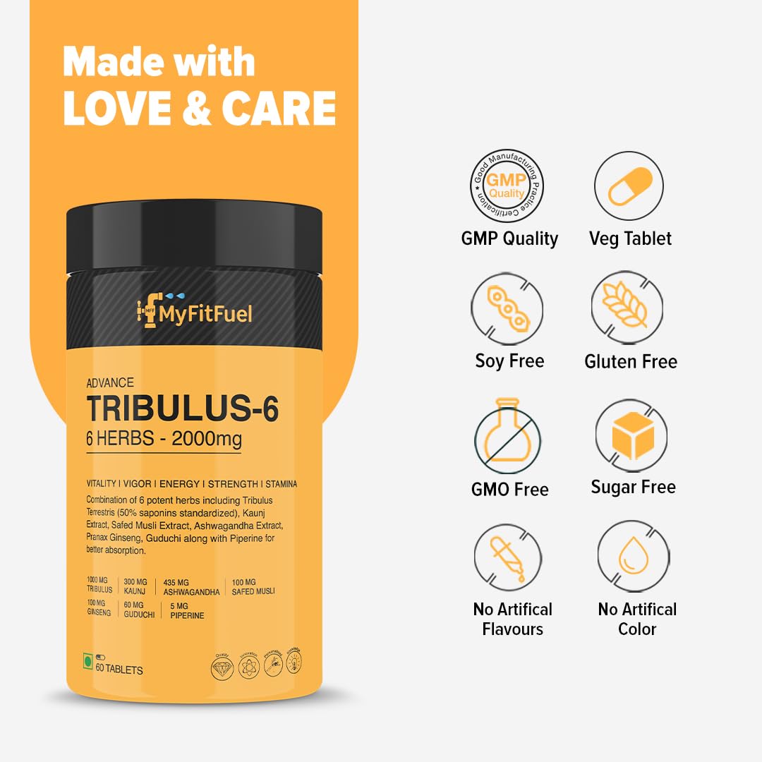 Myfitfuel Tribulus Terrestris +6 Herbs 2000mg Gokshura 50% Saponins, Ginseng, Kaunj, Safed Musli, Ashwagandha, Guduchi & Piperine 95% For Performance, Muscle & Energy | 60 Tablets 100gm 0.2lbs