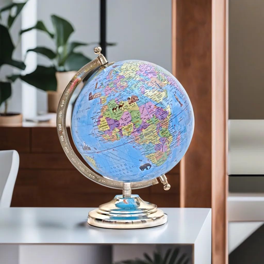 Educational Globe Glass, Rotating World Globe With Steel Finish Arc & Base | World Globe, For Kids Learning, Students & Home Decor, Office Desk, Pack Of 1
