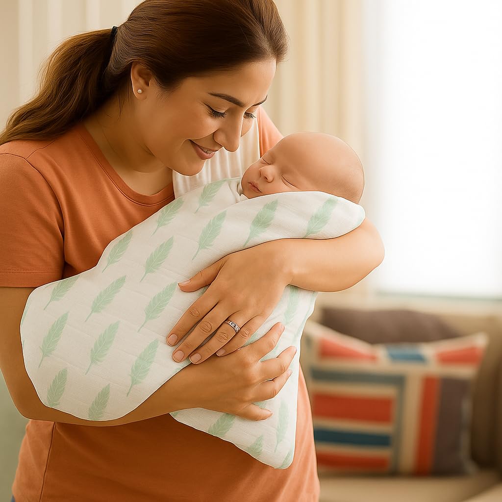Organic Cotton Muslin Baby Bath Towel 200 Gsm | Cotton Cloth Premium Baby Washable Reusable, Absorbent, Extra Soft (Multi Dot & Multi Feather)- Pack Of 2
