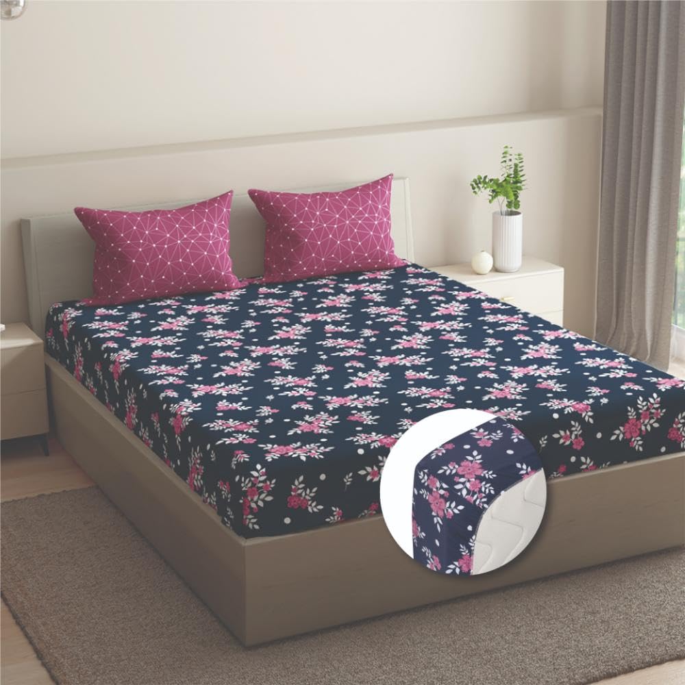 1 Double Bedsheet With 2 Matching Pillow Covers 72 X 48 Inches, Dark Blue & Peach | 200 Thread Count Durable & Long Lasting | All Around Elastic Fitted Sheet