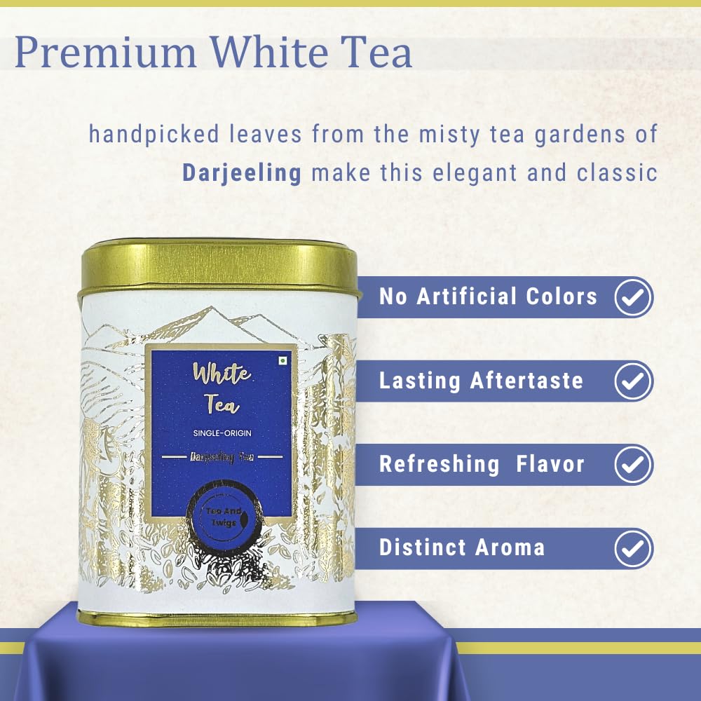 Tea And Twigs Darjeeling White Tea - 30gm, 1.05 Ounce | Rich In Antioxidants, Refreshing Flavor Silver Needles Tea - Low Caffeine, No Artificial Colors, Gluten Free