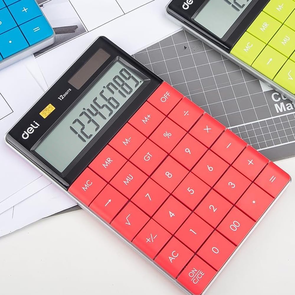 Deli 1589 Modern Calculator- Red | Solar Power And Battery Backup, Ensuring | Includes Essential Functions Like Memory Keys, Square Root, And Percentage