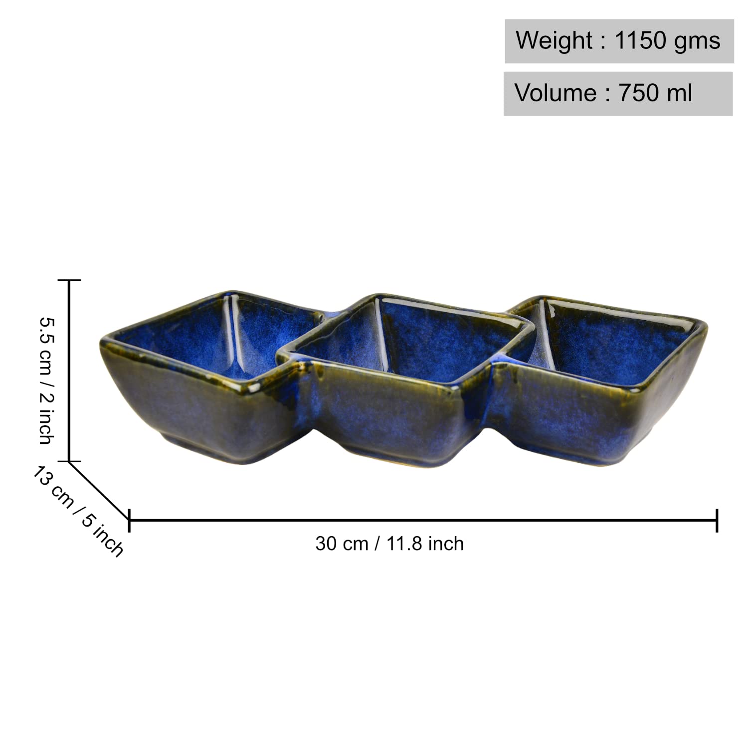 Studio Pottery Three Section Ceramic Serving Bowl | Blue, Length – 30 Cm, Height – 5.5 Cm, 750ml | Snack Bowl, Nut Bowls - Section Platter