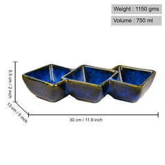 Studio Pottery Three Section Ceramic Serving Bowl | Blue, Length – 30 Cm, Height – 5.5 Cm, 750ml | Snack Bowl, Nut Bowls - Section Platter