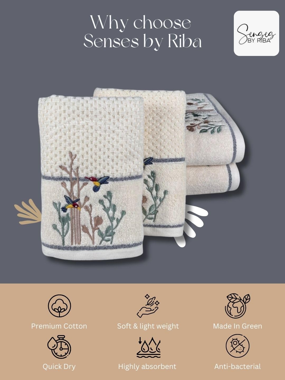 Senses By Riba All Cotton 550 Gsm Embroidered Towel Bath Set - Pack Of 4 (Style 13)
