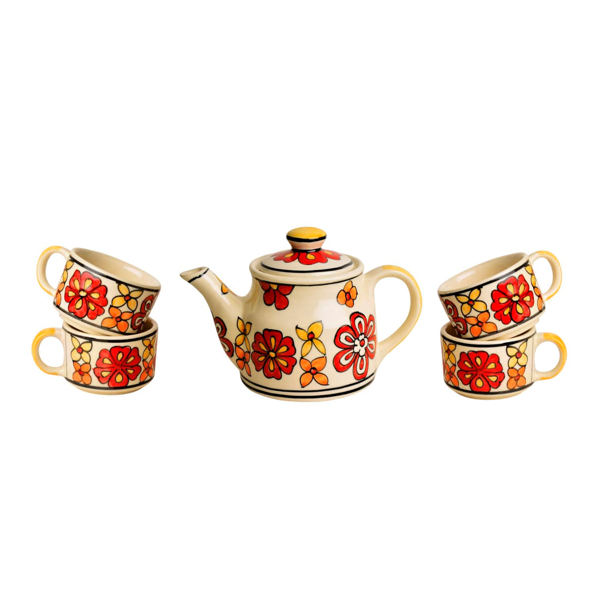 Hand Painted Ceramic Tea Set - 1 Kettle + 4 Cups, Multicolor | Coffee Mugs With Kettle - Tea Cups With Kettle