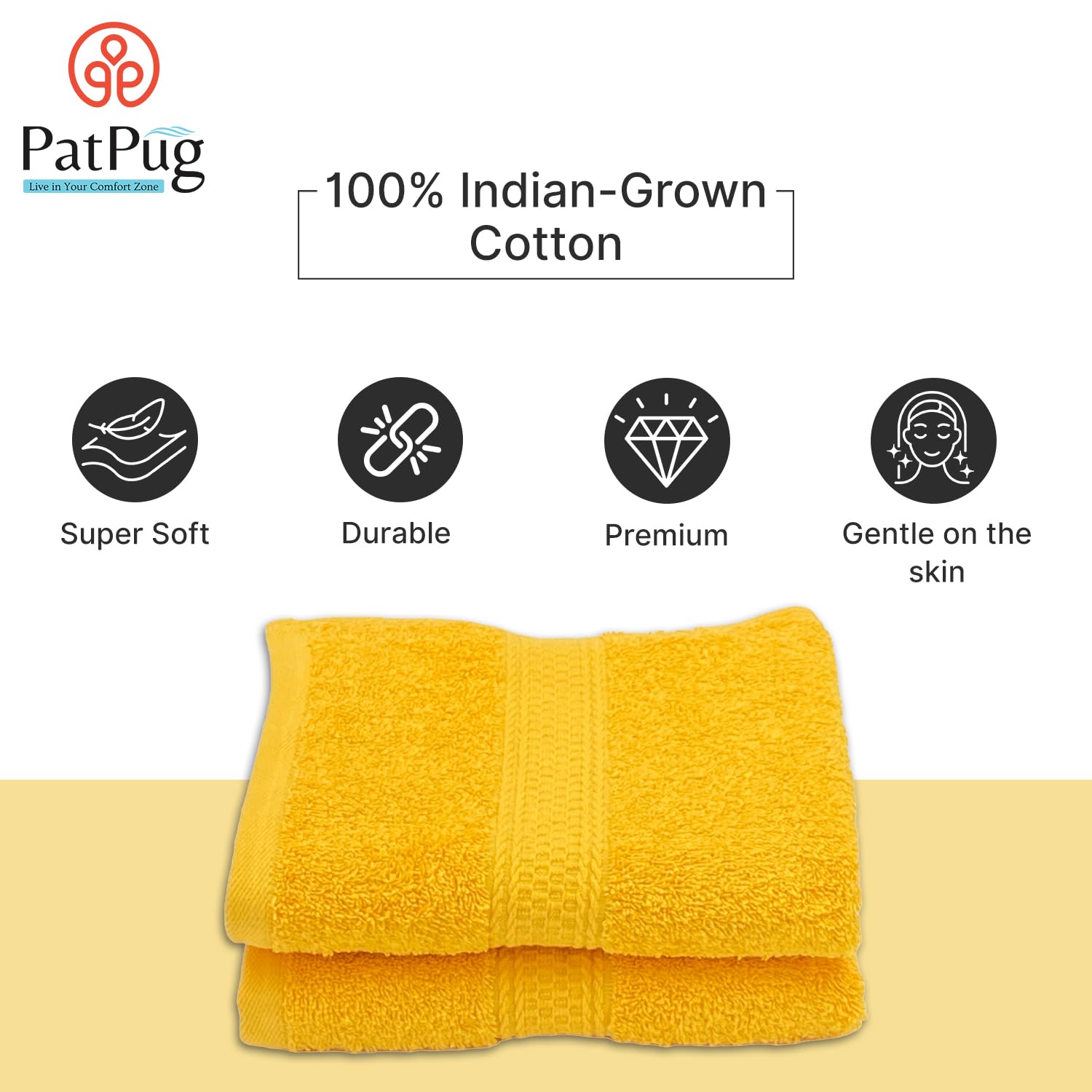 Patpug 100% Indian Ultra Soft Cotton Hand Towel 500 Gsm | For Gym, Workout, Yoga, Wash Basin (Sunrise Yellow) -2 Piece