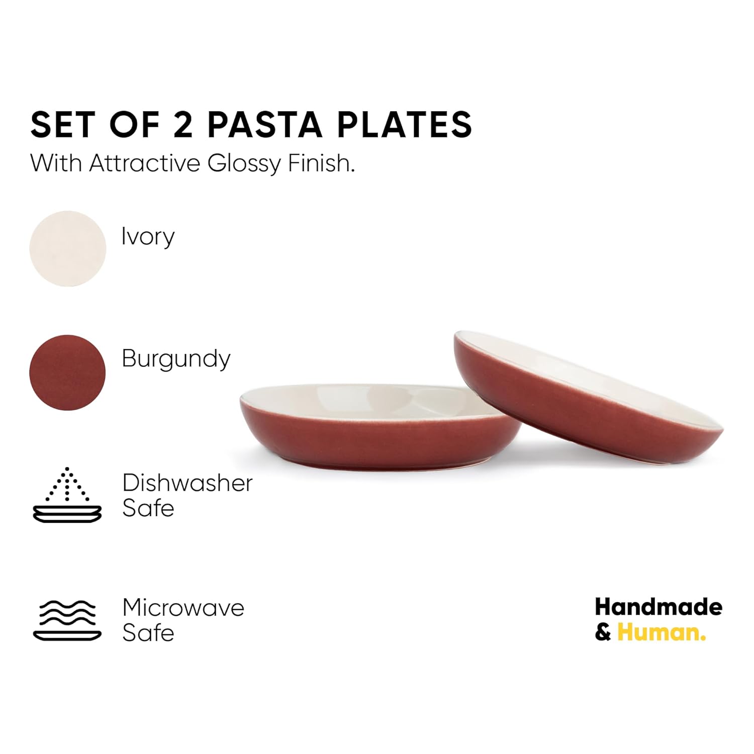 Ceramic Pasta Bowl Set Of 2 Pcs, 22cm - Burgundy Outside, 300ml Each | Stoneware Ceramic Serving Bowls With Glossy Finish | Pasta Plate - Deep Plate | Ceramic Bowl - Pasta Serving Plate