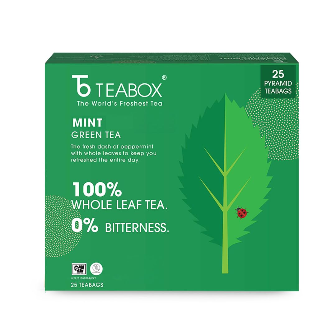 Teabox Mint Green Tea - 25 Pyramid Tea Bags | Exotic Blend Of Premium Green Tea & Real Peppermint Leaves - 100% Whole Leaf Tea | Low Caffeine, 0% Bitterness
