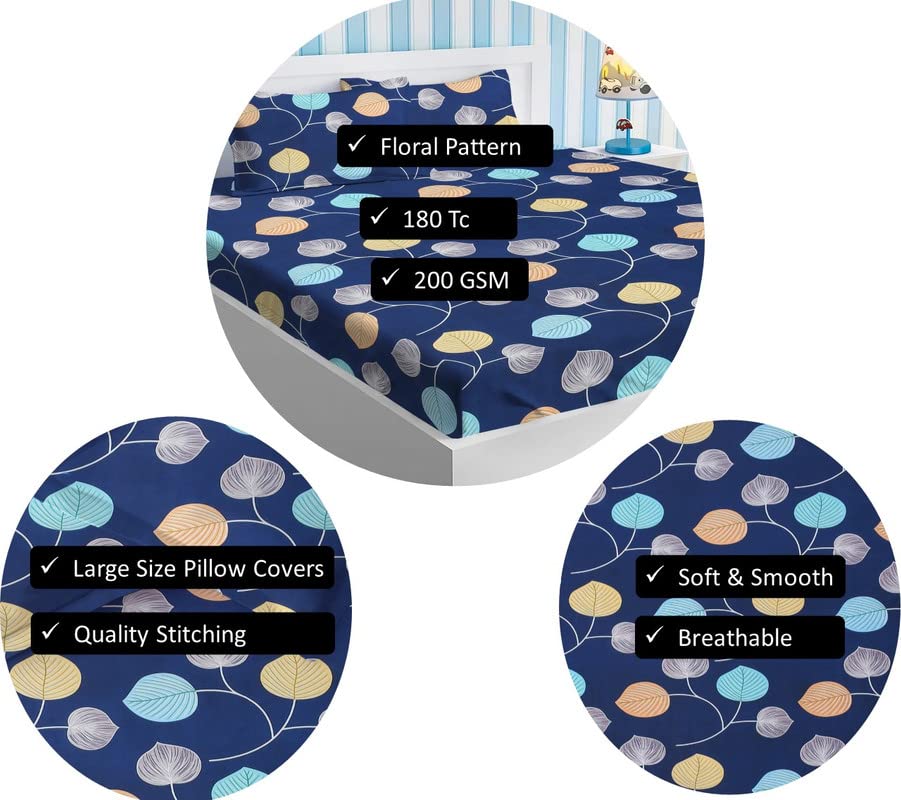 Elastic Fitted Printed Double Bedsheet King Size With 2 Pillow Covers | 72 X 78 Inches, Dark Blue - Breathable Long Lasting Light Weight Wrinkle Free