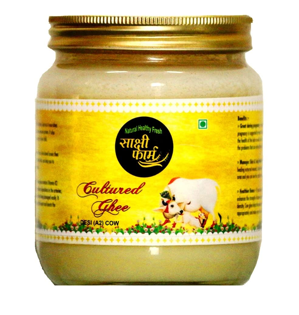 Natural Organic Cultured Desi A2 Ghee By Sakshi Farms | Rich In Vitamin A, D & K Healthy Vedic Bilona Method Pure Desi Ghee | (250ml) 8.4 Ounce | Jar Pack