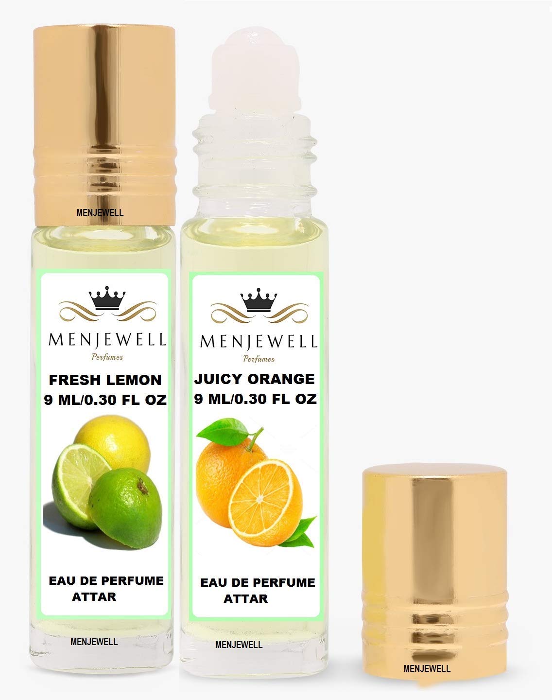 Menjewell Fresh Lemon + Juicy Orange Eau De Perfume Attar 9ml 0.3 Fl.oz. Each Pack Of 2 Unisex Fragrance | Long Lasting