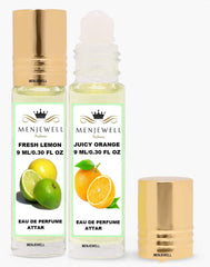 Menjewell Fresh Lemon + Juicy Orange Eau De Perfume Attar 9ml 0.3 Fl.oz. Each Pack Of 2 Unisex Fragrance | Long Lasting