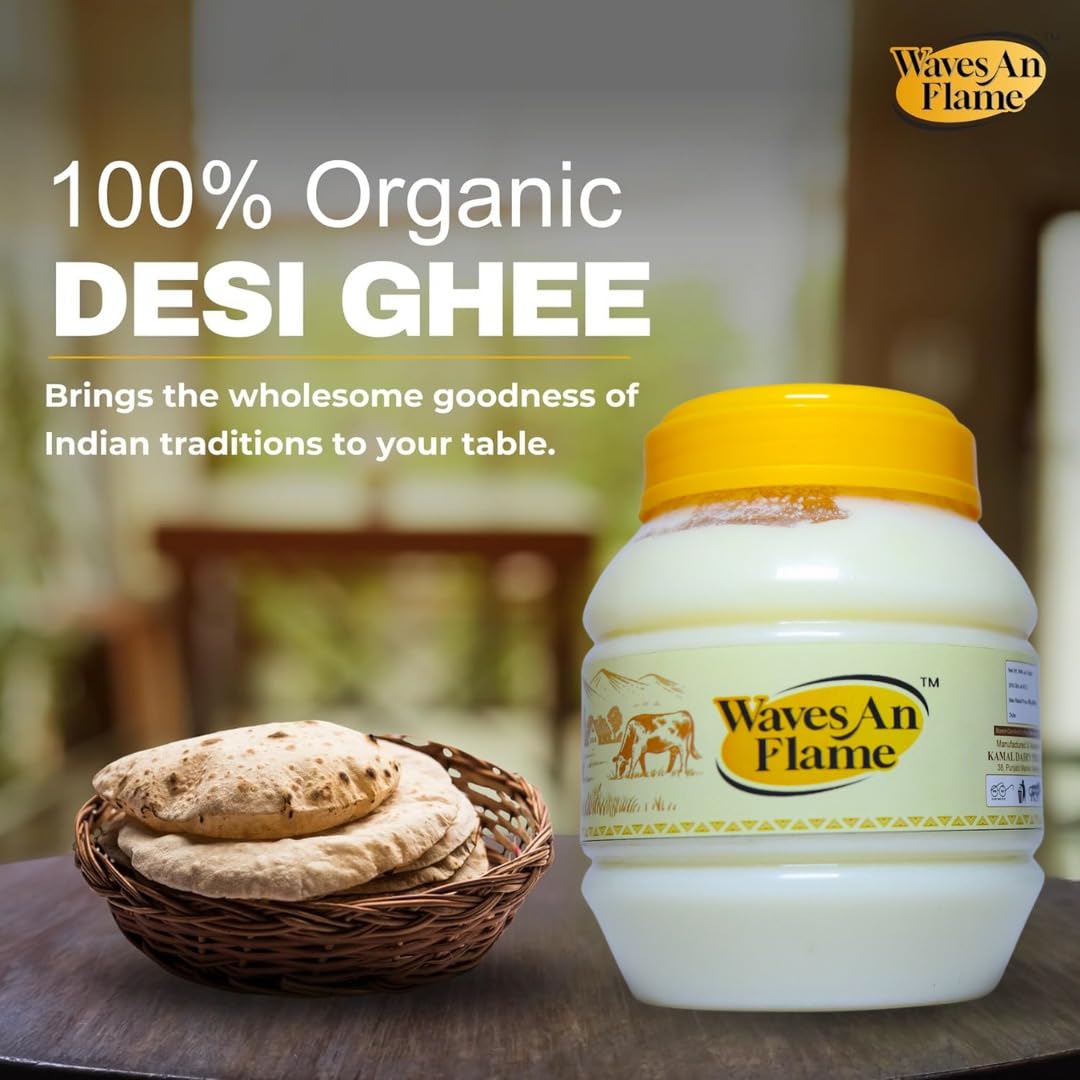 Organic Natural Desi Danedar Ghee By Waves An Flame | Traditional Churned Method Natural & Healthy Pure Desi Ghee | (1 Litr) 33.8 Ounce | Jar Pack