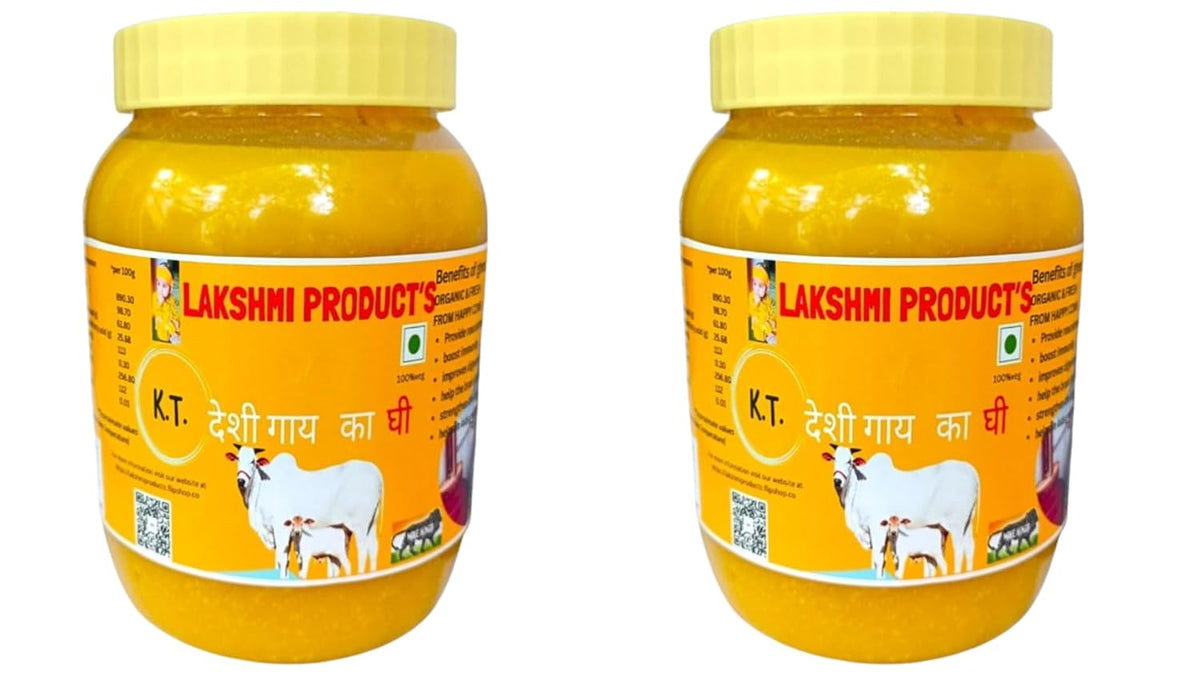 100% Pure Desi Cow Ghee By Lakshmi Product'S | Organic Homemade Bilona Method Grass Fed Desi Cow Ghee Good For Parathe | 2 Litre (1 Litr * 2) 67.6 Ounce | Jar Pack