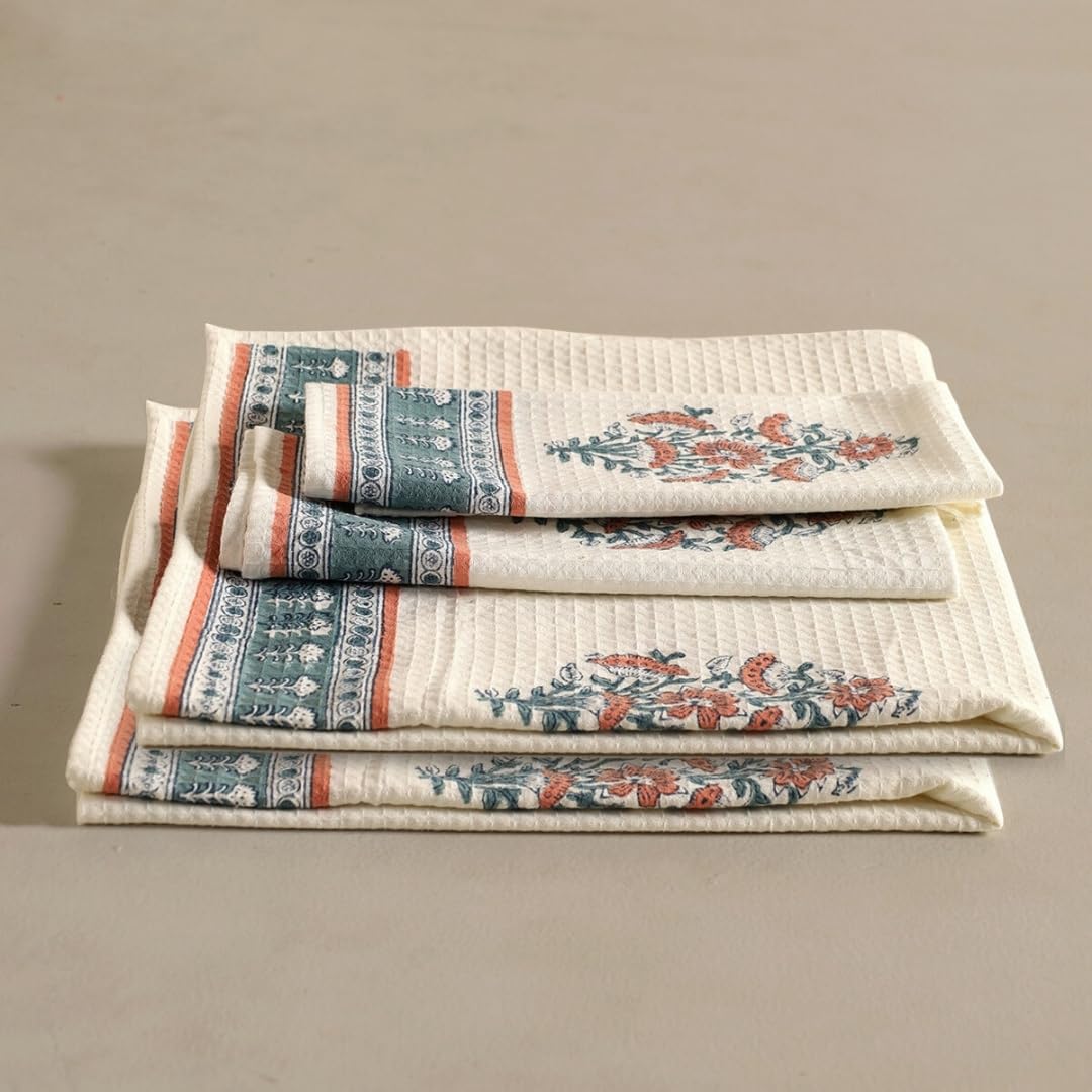 Peepul Tree Block Printed 2 Hand & 2 Bath Towels 240 Gsm | Super Absorbent Soft & Faster Drying, Floral Printed (Peach & Teal)