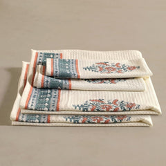 Peepul Tree Block Printed 2 Hand & 2 Bath Towels 240 Gsm | Super Absorbent Soft & Faster Drying, Floral Printed (Peach & Teal)