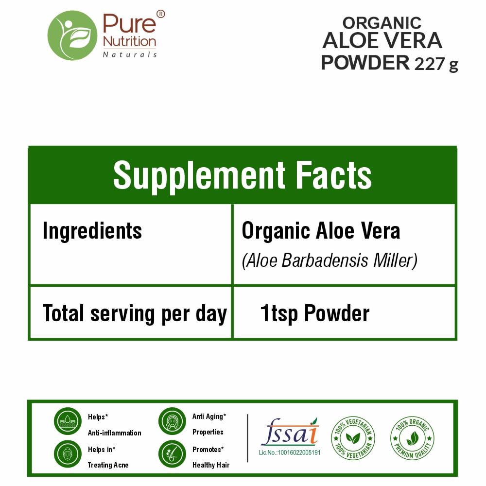 Pure Nutrition Organic Aloe Vera Powder 100% Organic, Supports Digestive Health, Promotes Skin Wellness, Hydrates & Nourishes, Convenient Powder, 227gm 0.5lbs
