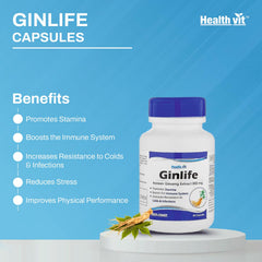Healthvit Ginlife Korean Ginseng Extract 500mg, Improves Concentration & Cognitive Activities | 60 Capsules 100gm 0.2lbs