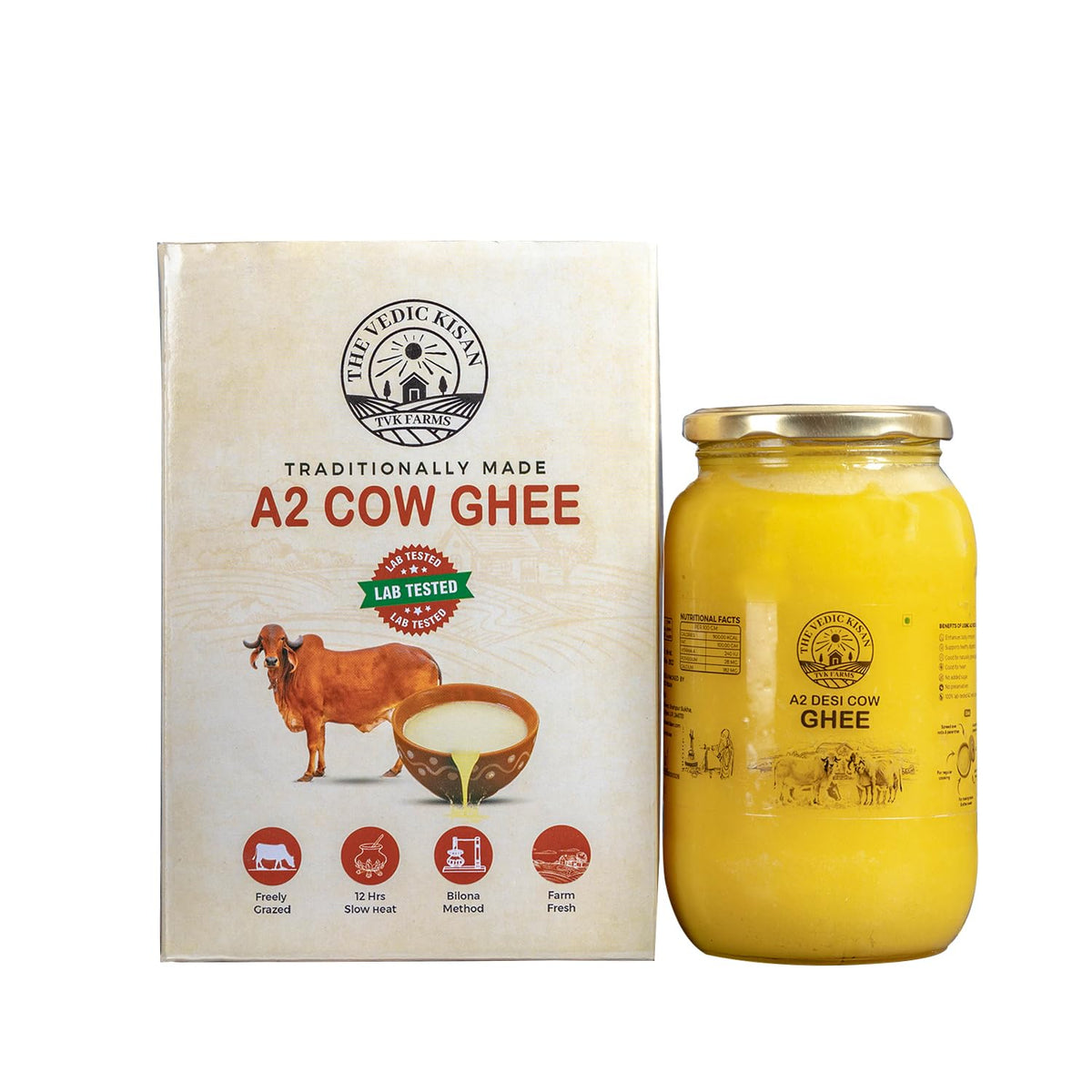Organic Natural A2 Cow Vedic Bilona Ghee By The Vedic Kisan | Great Source Of Vitamins & Minerals Healthy Nutrients Desi Cow Ghee Perfect For Boondi Laddu | (1 Litre) 33.8 Ounce | Jar Pack