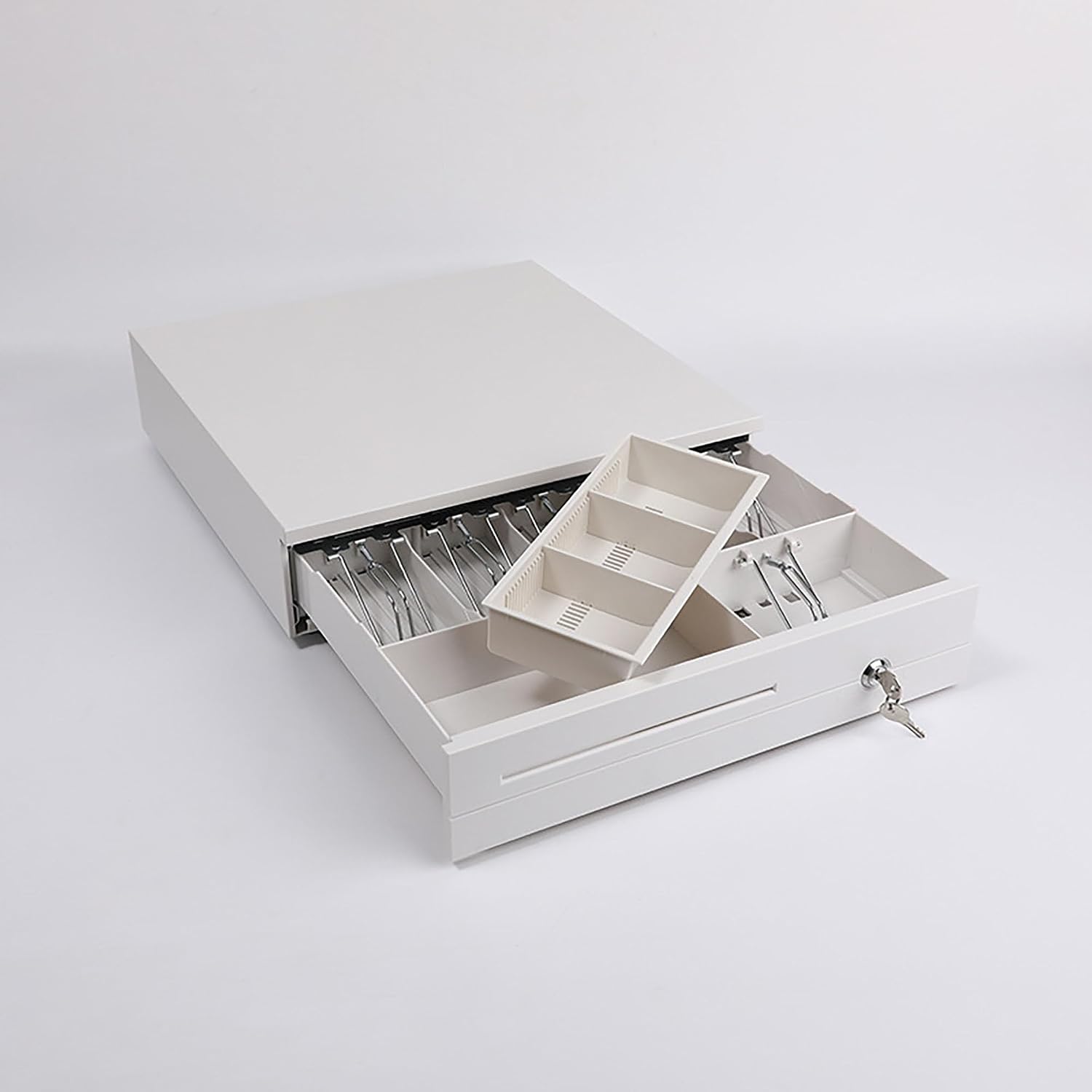 Cash Box Metal Cash Register Drawer 3 Coin Money Storage Box Tray With Removable Coin Tray & Key - Lock Cash Drawer For Shop, Colour - White, Material - Metal