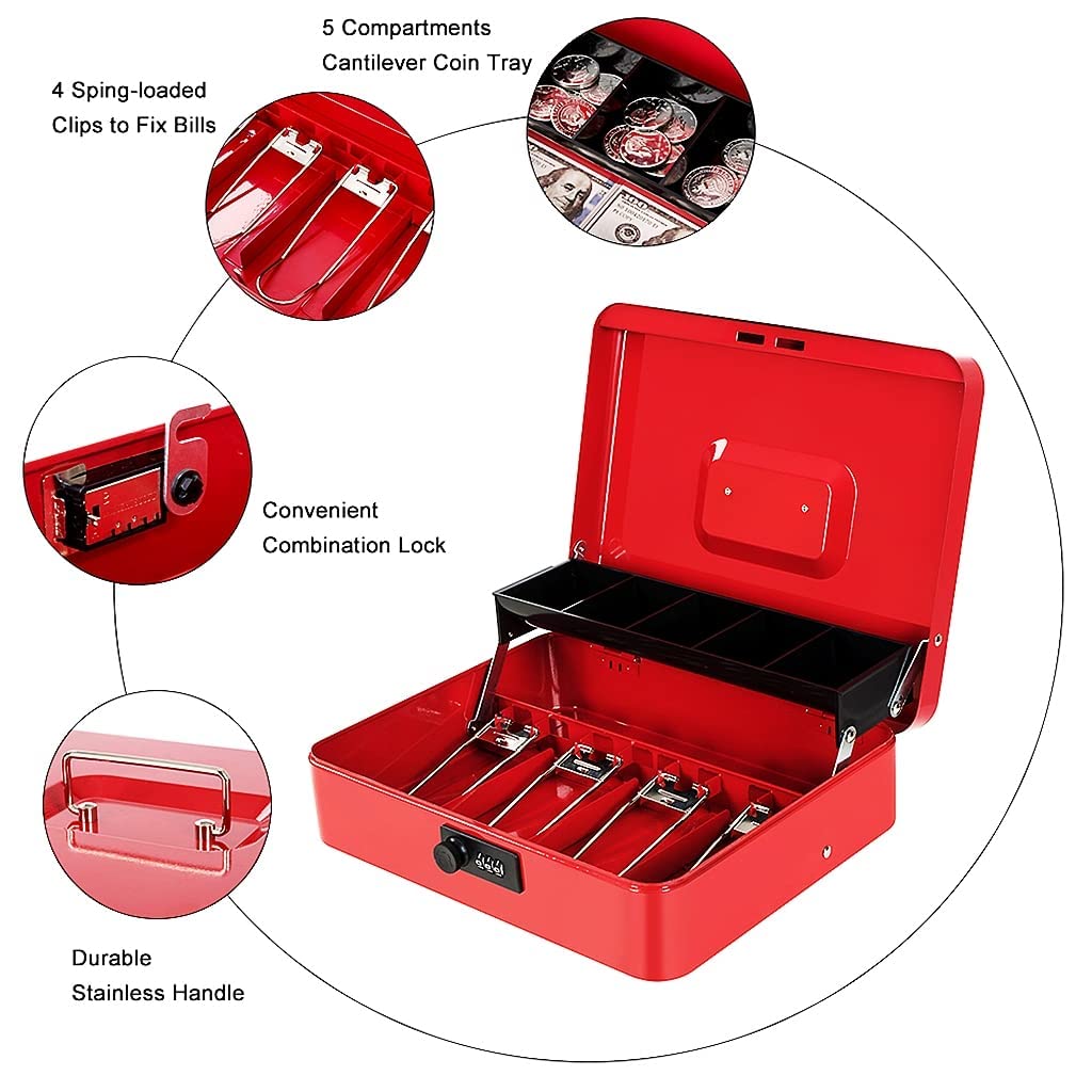 Money Box With Combination Lock, Metal Cash Box With Money Tray, Cash Register, 5 Compartments Cantilever Tray & 4 Spring - Loaded Clips For Bills,11.81"X 9.45"X 3.54" Colour - Red