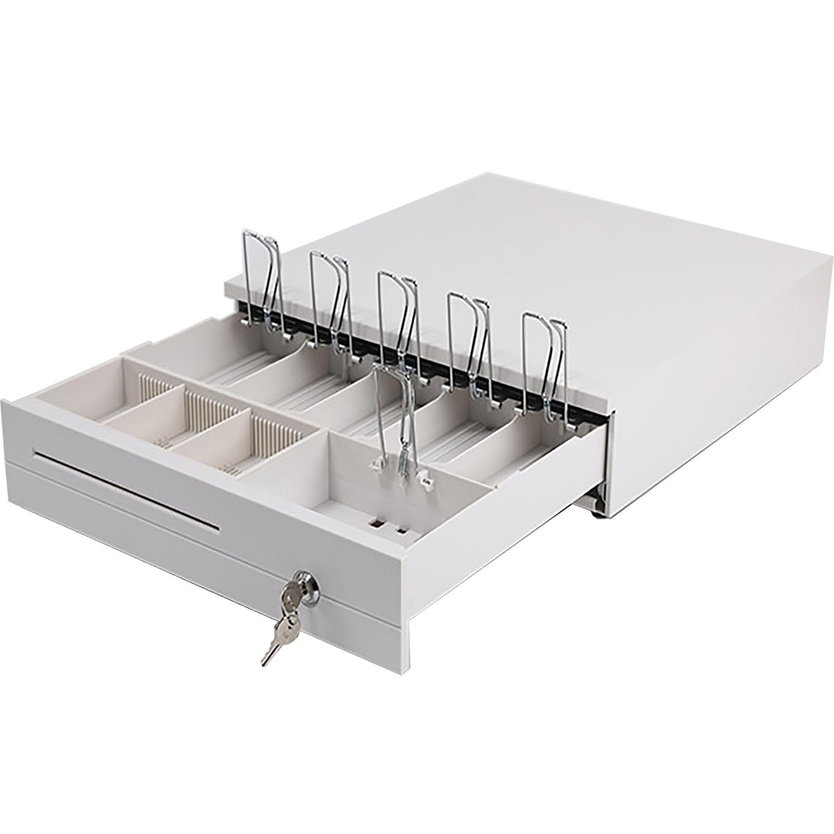 Cash Box Metal Cash Register Drawer 3 Coin Money Storage Box Tray With Removable Coin Tray & Key - Lock Cash Drawer For Shop, Colour - White, Material - Metal