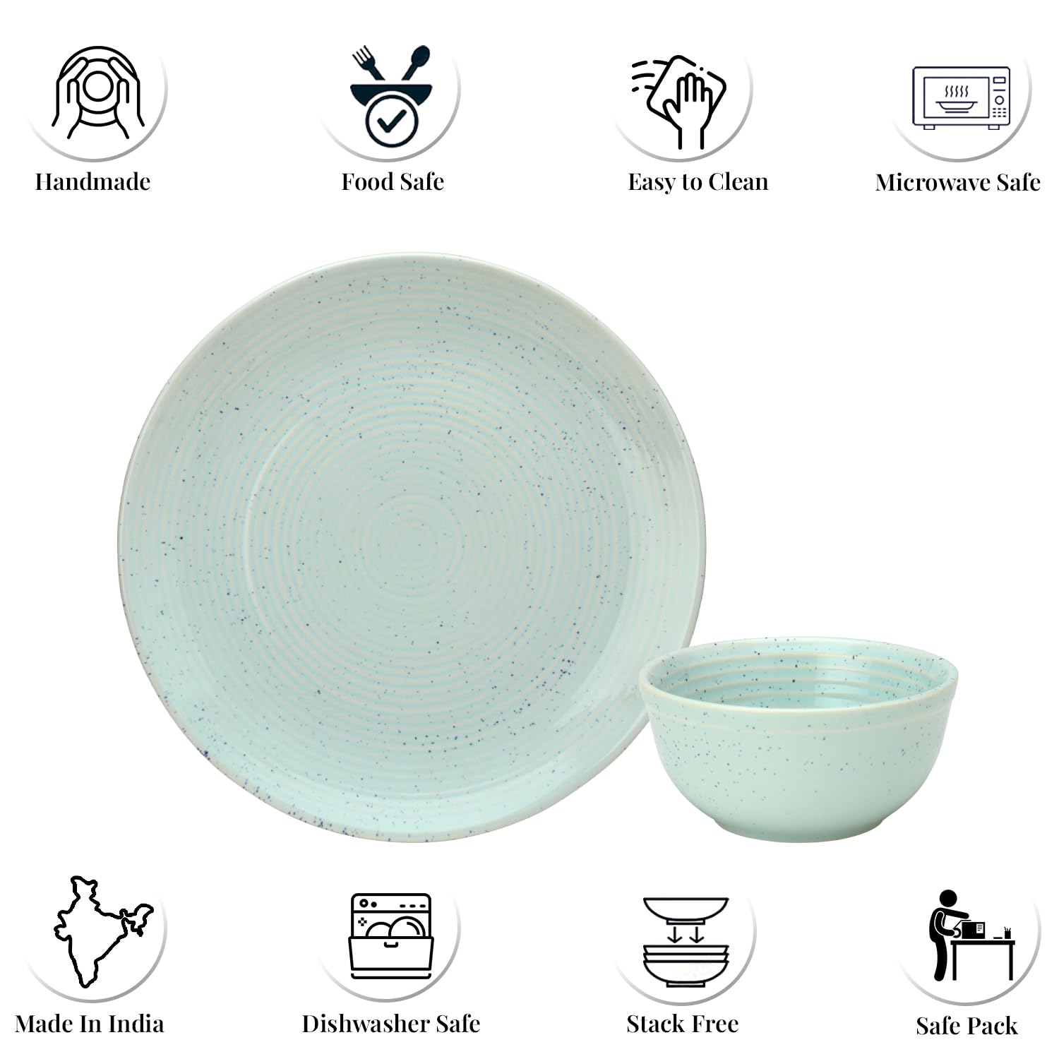 Hand Painted Stoneware Dinner Set Of 4 - Ceramic Pack Of 8 Pcs, Mint-Green | 4 Full Plates + 4 Bowl Or Katori, 180ml Each - Microwave & Dishwasher Safe | Serving For 4