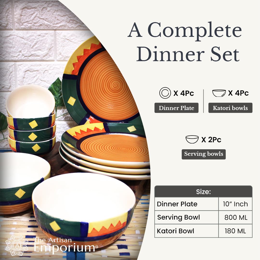 Boho Fiesta Hand Painted Ceramic Dinner Set - 10 Pieces, Multicolor | 4 Dinner Plates + 4 Katori Serving Bowls, 180ml Each+ 2 Serving Bowls, 800ml Each Dinnerware Set | Serving For 4, Microwave Safe