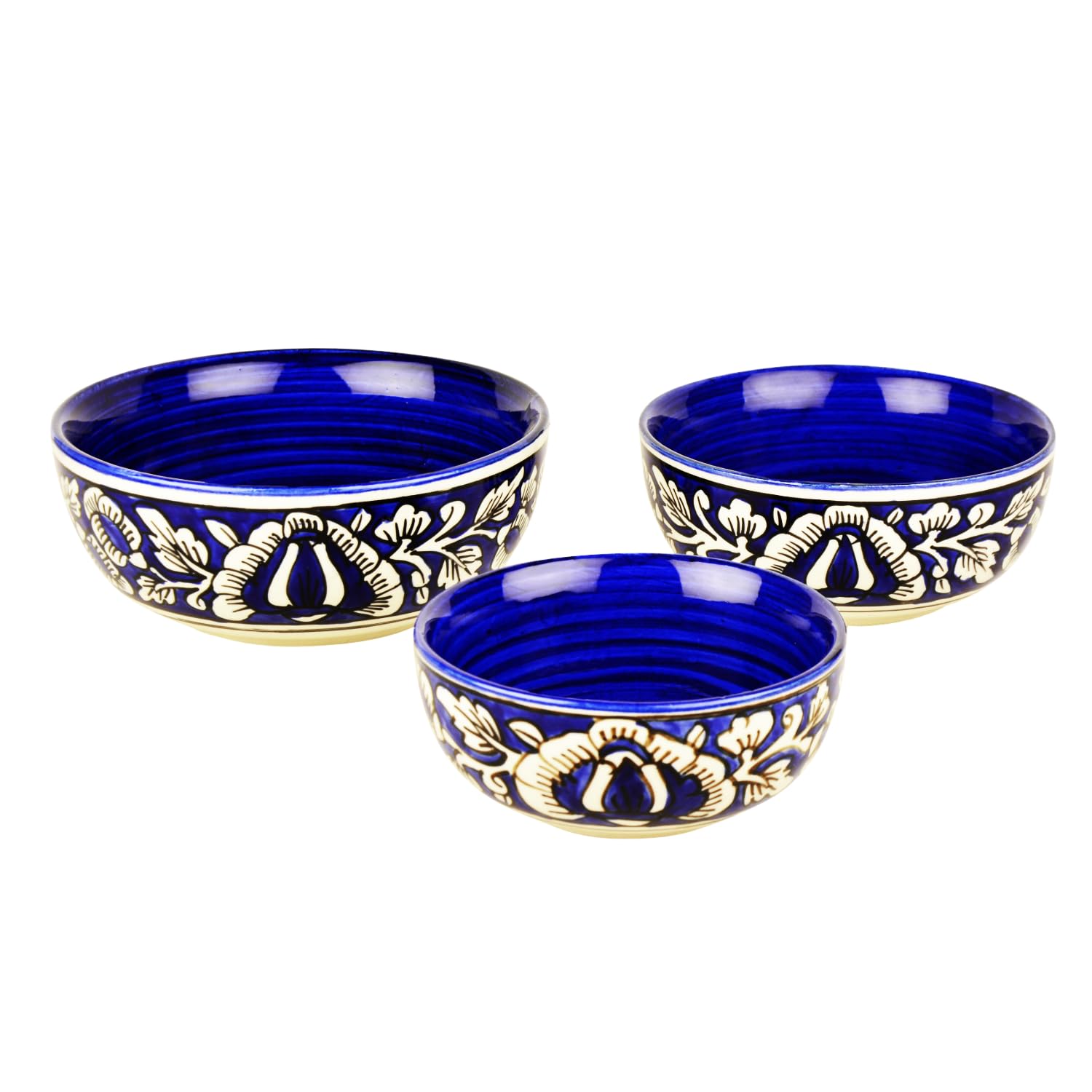 Studio Pottery Hand Painted Dinner Serving Bowl Set Of 3 - 650ml, 450ml & 250ml, Blue & White, Mughal Floral Painting | Dinner Serving Donga Set - Stackable Kitchen Bowl Set