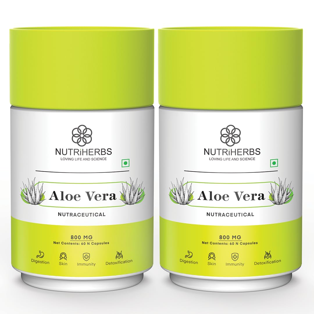Nutriherbs Pure Aloe Vera Extract Capsules Dietary Supplement For Digestion, Skin Health & Immune Support, For Hair Growth, Gut Health | 60 Capsules 100gm 0.2lbs Each Pack Of 2