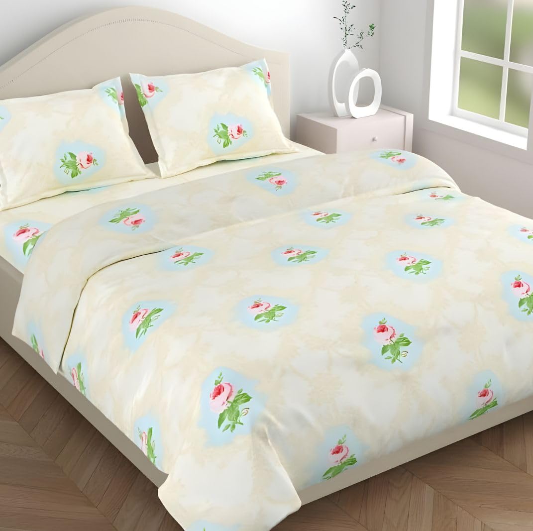 Flat Bedsheet Queen Size Bed With 2 Pillow Covers - 100 X 90 Inches, Cream & Green | Soft, Breathable & Durable | Skin-Friendly & Durable