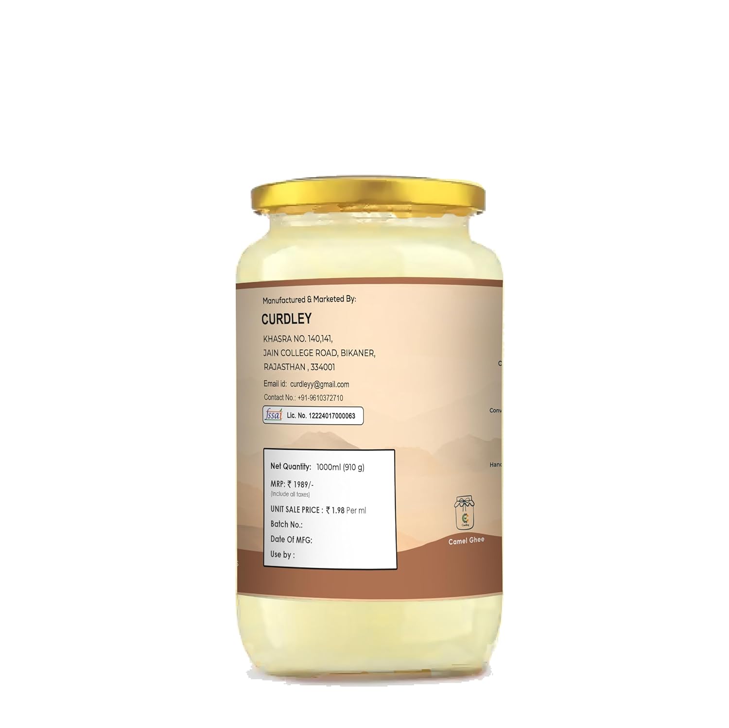 Organic Natural Camel Ghee By Curdley | Great Source Of Energy Healthy & Nutrients Camel Ghee For Helps Immune System | (1 Litr) 33.8 Ounce | Jar Pack
