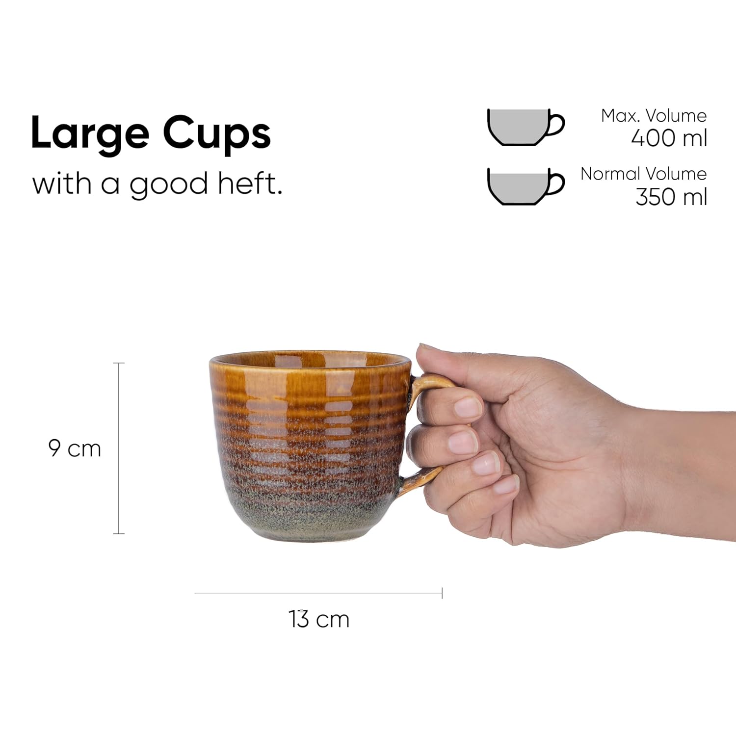 Large Ceramic Coffee Mug Set Of 2 - Brown, 400ml Each | Ceramic Ribbed Mug With Glossy Finish - Mug For Coffee | Ceramic Coffee Mug - Coffee Cup | Microwave Safe & Dishwasher Safe