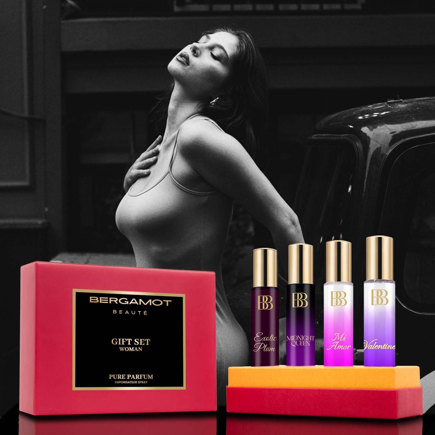 Bergamot Beaute Pure Perfume Gift Set For Women Pack Of 4x 0.5 Fl.oz. | Valentine + Exotic Plum + Mi Amor + Midnight Queen | 2x Long Lasting Than EDP