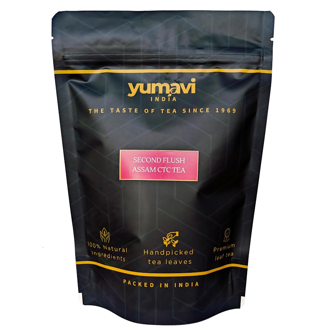 Yumavi Second Flush Assam CTC Tea - 250gm, 8.8 Ounce | Rich, Bold & Smooth Taste - Freshly Handpicked Kadak Chai Patti | Strong Chai With Whole Leaves, Medium Caffeine
