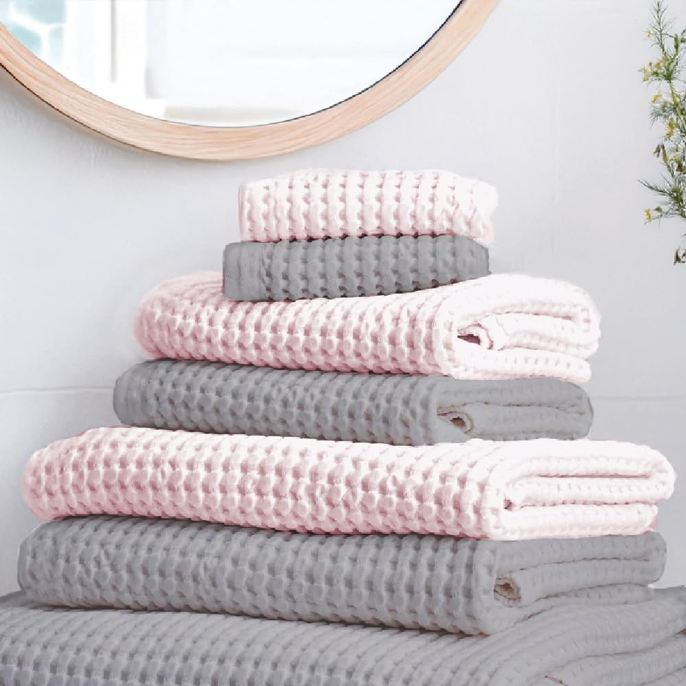 Urban Space 100% Cotton Waffle 2 Bath, 2 Hand & 2 Face Towels 1500 Gsm | Breathable & Absorbent Cotton Fabric Towel (Pink & Grey) -Set Of 6