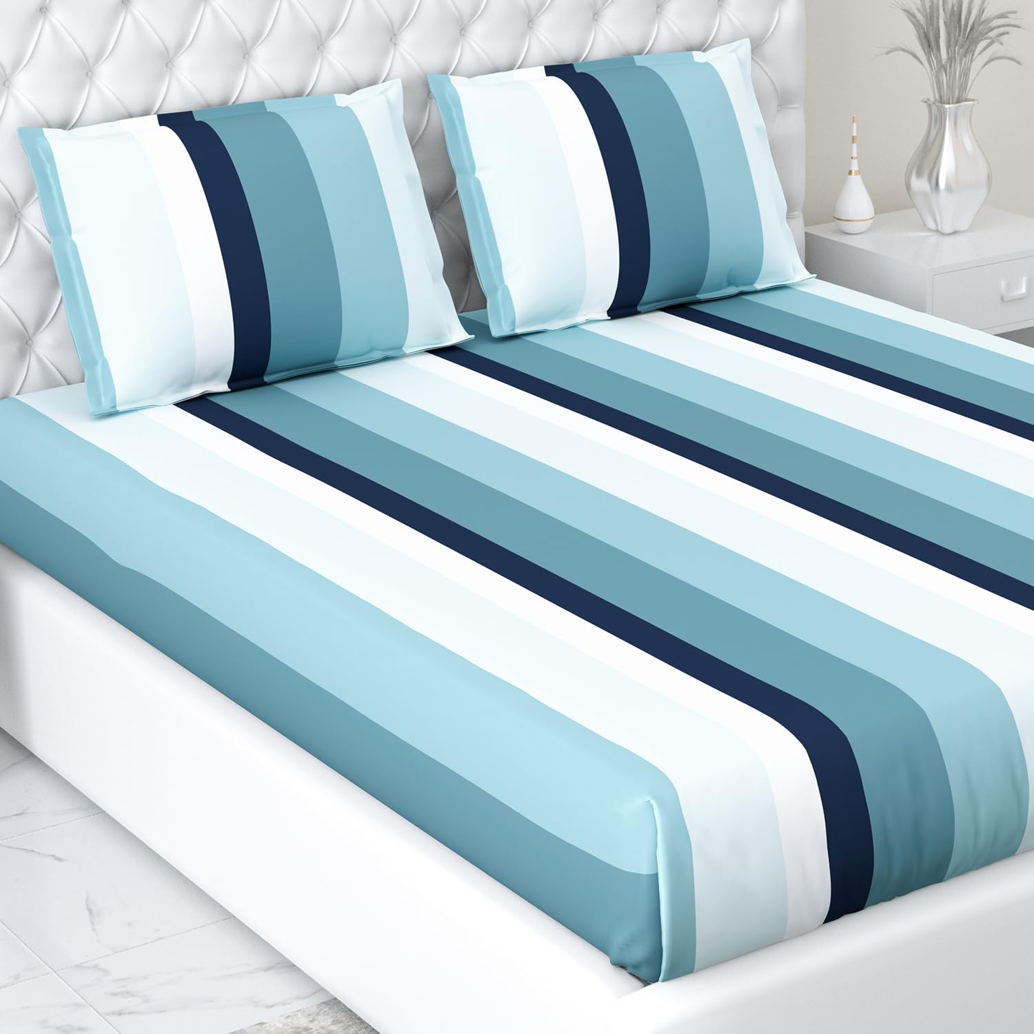 King Size Bed For Elastic Fitted Bedsheet With 2 Pillow Covers | 72 X 78 X 10 Inches, Blue White | Softness, Durability & Comfort | Perfect For Everyday Use
