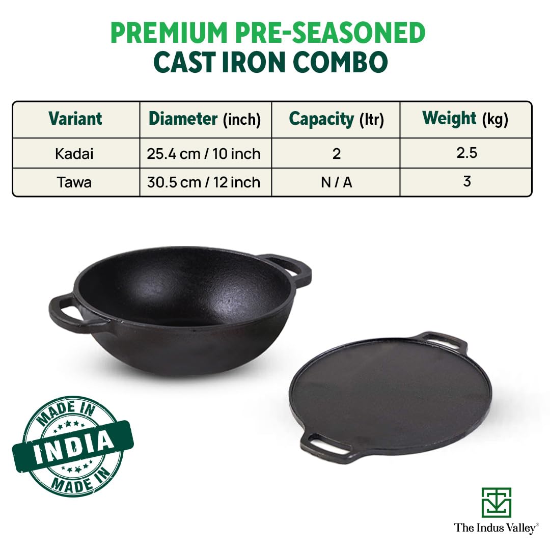 Pre-Seasoned Black Cast Iron Cookware Set - Tawa 30cm + Kadai 25.4 Cm, 2.3 Liters | Kitchen Cooking Combo Pots & Pans Set Of 2 Pcs - Naturally Nonstick