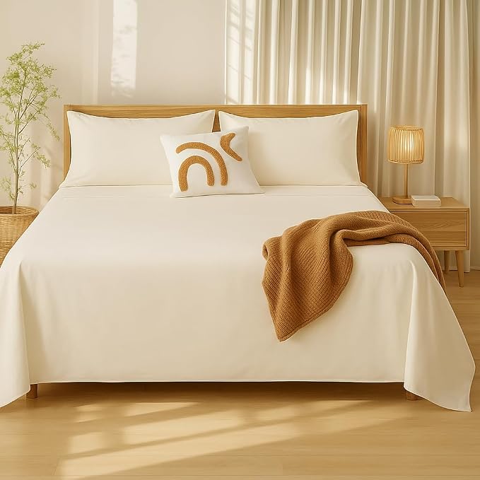 Bedsheets For King Bed With 2 Matching Pillow Covers, Ultra Soft - 108x108 Inch, Ivory | Good For Villas, Resorts, Guest Houses, & Daily Home Use
