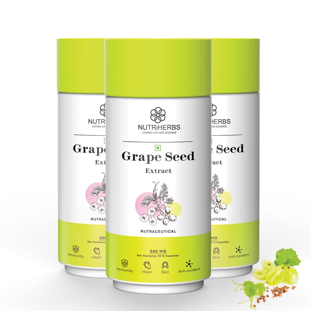 Nutriherbs Organic Grape Seed Extract Capsules 500mg, Potent Antioxidant Supplement For Skin & Hair Health, Anti - Aging Support & Immune Boost | 90 Vegan Capsules 150gm 0.3lbs Each Pack Of 3