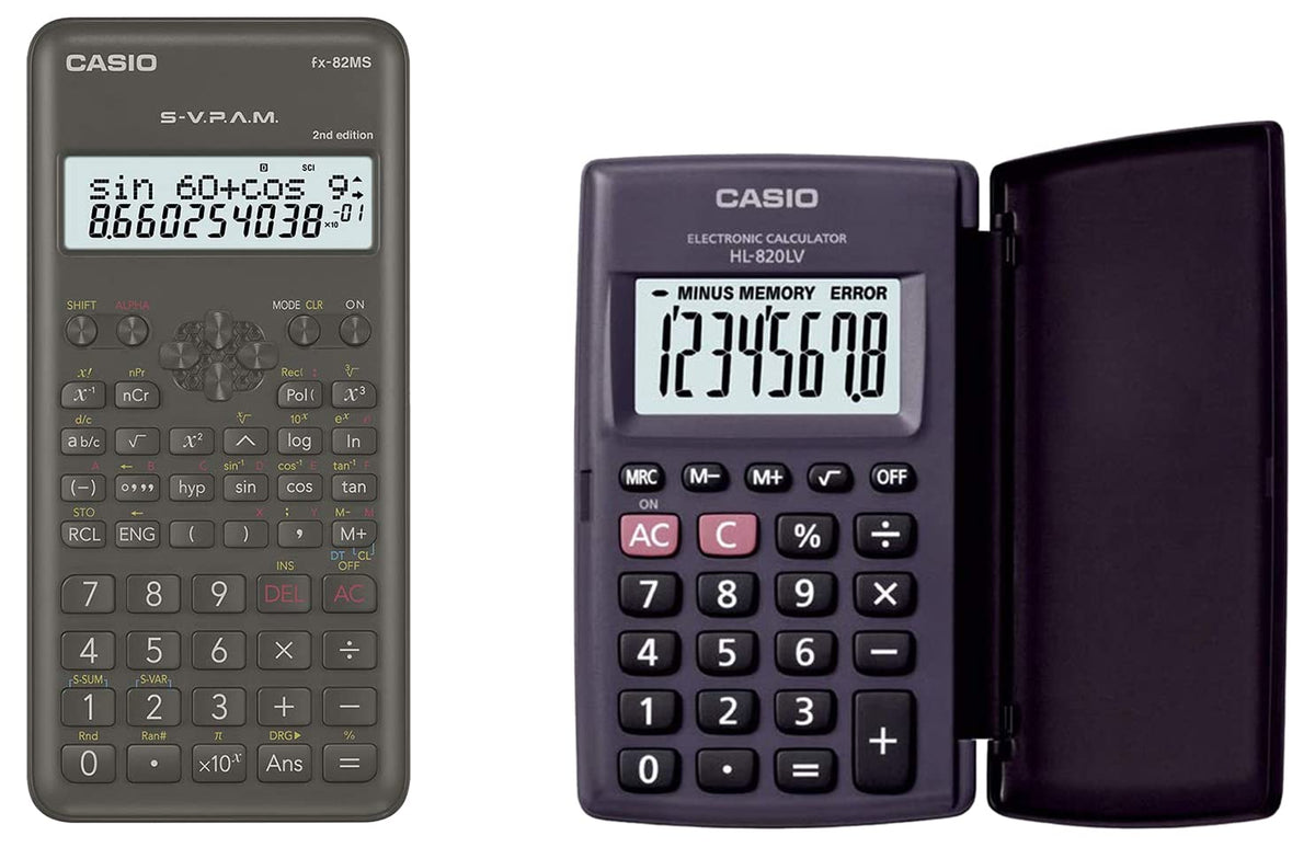 Casio FX-82MS 2nd Gen Scientific Calculator & Casio HL820LV-BK Portable Calculator with Flap Cover