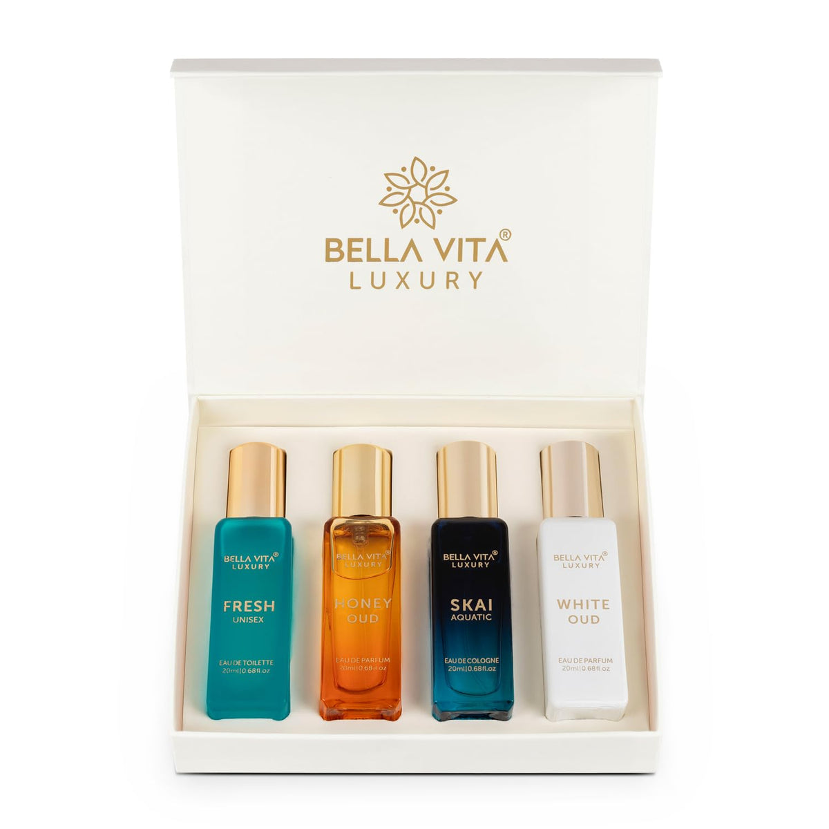 Bella Vita Luxury Fresh + Honey + Skai + Whiteoud Eau De Parfum Gift Set 4x 0.68 Fl.oz. Unisex Fragrance | Long Lasting