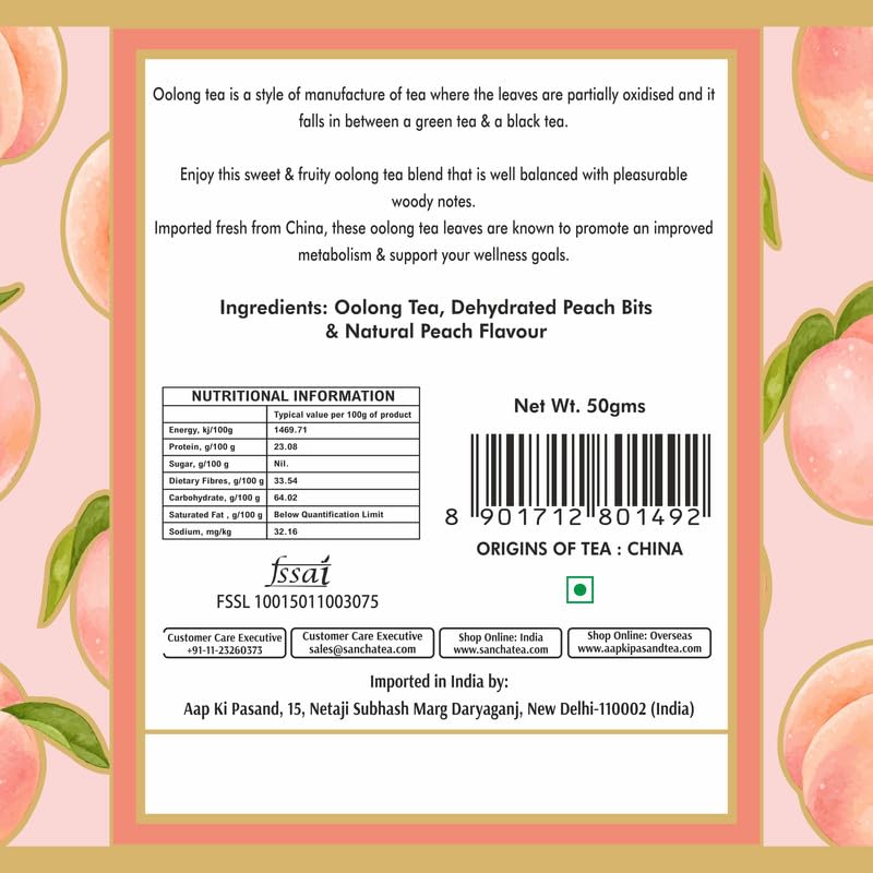 San-Cha Peach Oolong Tea - 50gm, 1.7 Ounce | Boost Metabolism Naturally & Aids Weight Management - Sweet & Fruity Notes | Low Caffeine