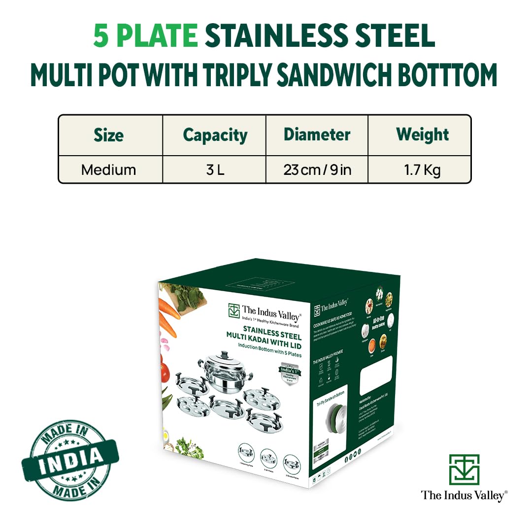 Stainless Steel Idli, Dhokla, Momo Maker - Multi Pot & Steaming Set | Small, 5 Plates, 23cm - 9 Inch, 3 Liters, 1.7 Kg - Nonstick 3-Layer Bottom | Induction Friendly - Tri-Ply Sandwich Bottom