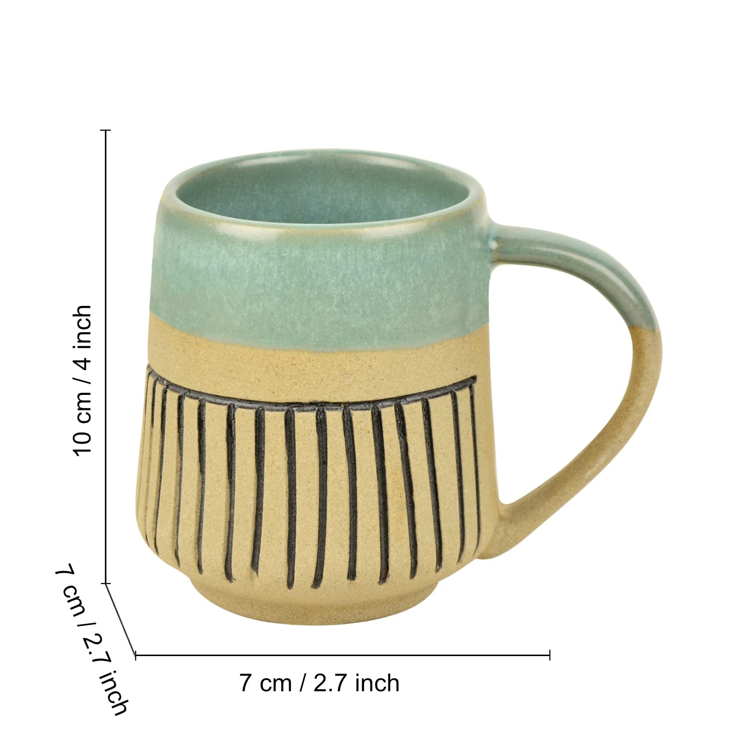 Handcrafted Dual Finish Ceramic Striped Coffee Mugs Set Of 2 - 325ml Each, Turquoise | Milk Mugs - Tea Cups & Mugs