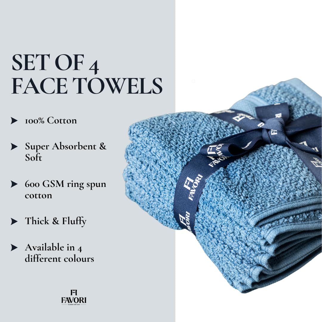 Favori Soft 100% Cotton Face Towel 450 Gsm | Terry Thick Quick Dry & Skin-Friendly Wash Cloth For Men & Women (Harbor Blue) - Set Of 4