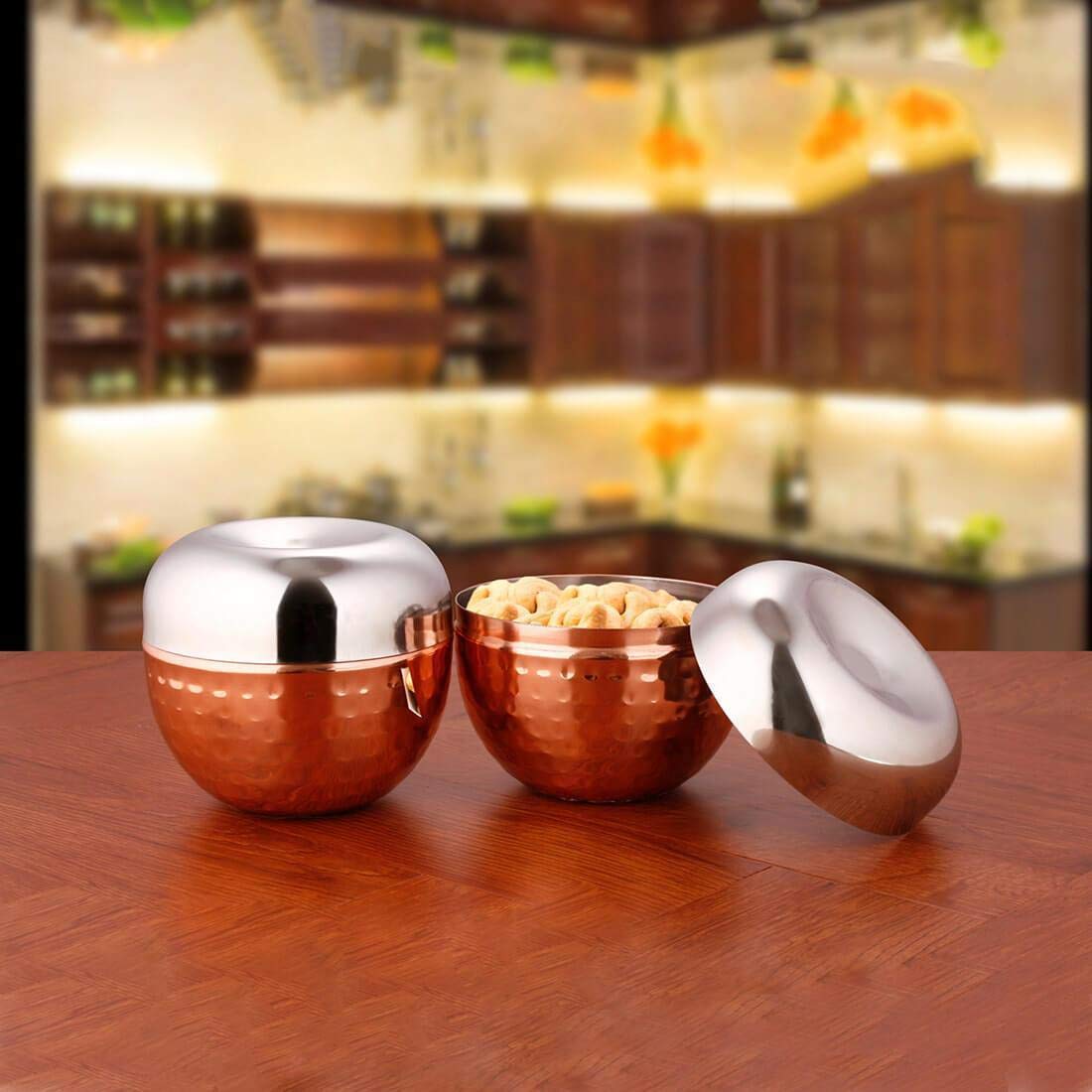 Nile Stainless Steel Hammered Canister Set Of 2 With Lid - Copper, 250ml Each | Dishwasher Safe