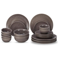 Handcrafted Stoneware Embossed Ceramic Dinner Set Of 20 Pcs With Serving Bowls Set - Ash Grey | 6 Dinner Plates+ 6 Small Plates+ 6 Small Dinner Bowls, 180ml Each+ 2 Serving Bowl, 1000ml Each